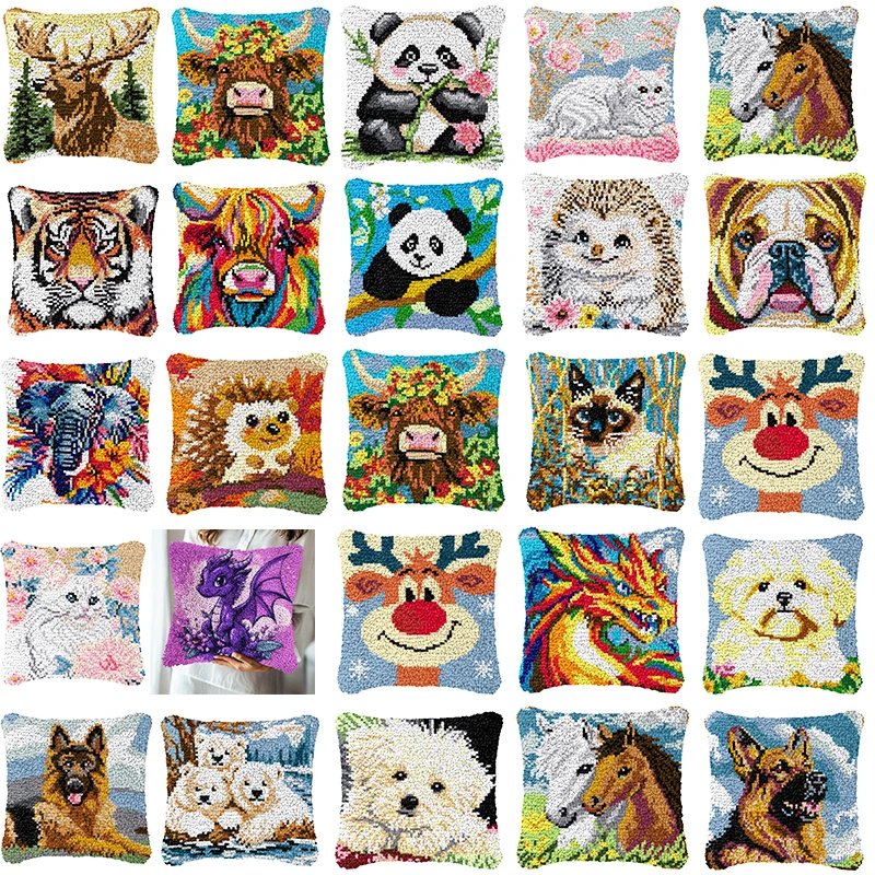 Dog Cow Latch Hook Pillow Smyrna Package Animals Dragon Hooks Knitted Embroidered Carpet Pillow Embroidery Latch Hook Kits DIY