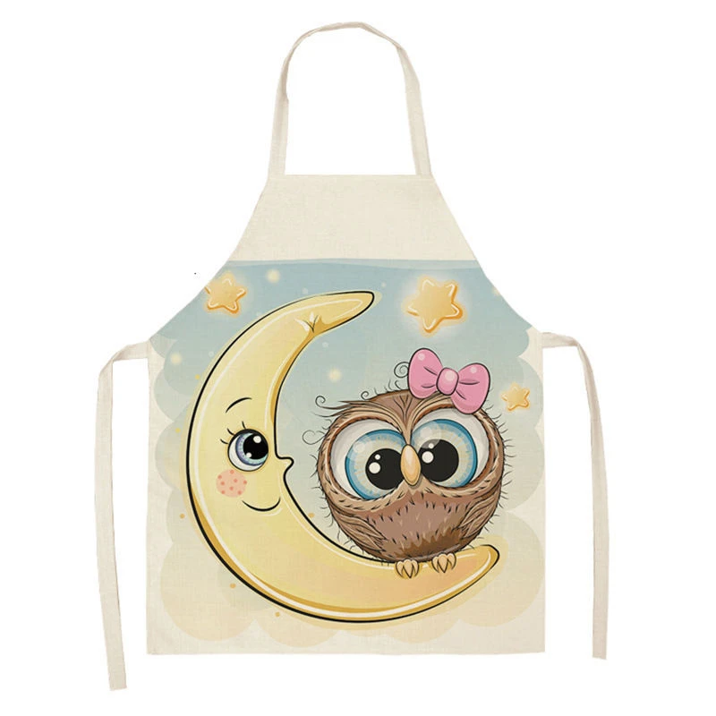 Owl Sleeveless Chef Apron Linen Floral Print Kitchen Decoration Apron Women'S Home Cooking Baked Waist Bib