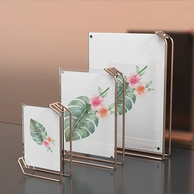 Acrylic Rose Gold Picture Frame Double Sided Menu Display Stand A4 Table Sign Metal Holder for Horizontal Vertical Photo Frame