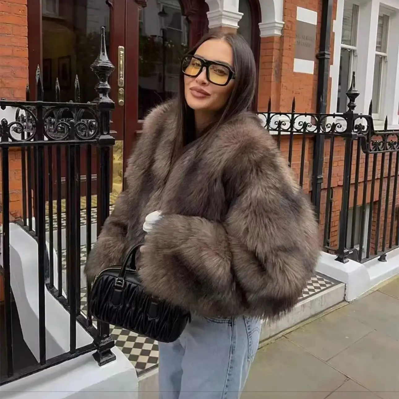 Women Cropped Faux Fur Jacket V Neck Open Front Fluffy Shaggy Coat Winter Luxury Oversized Short Outerwear Streetwear
