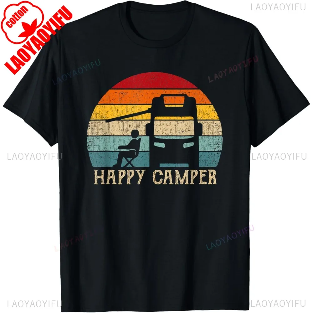 Happy Camper RV Camping Shirt Men Women Retro Sun 70s 80s T-Shirt Cotton Short Sleeve Casual Fashion Summer Style Man Tshirts