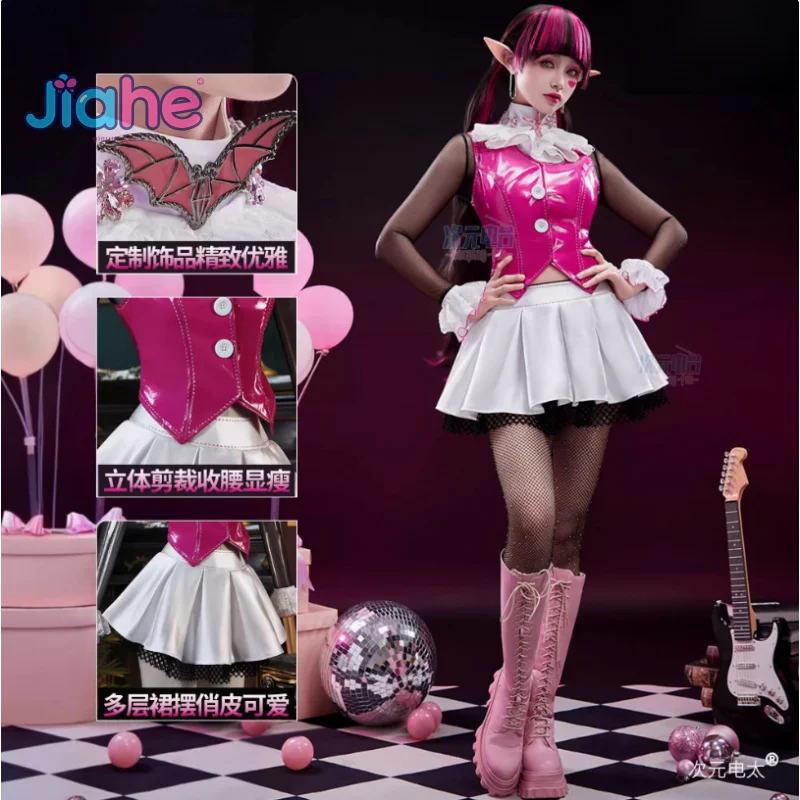 Draculaura Monster Cos สูงคอสเพลย์เครื่องแต่งกายผู้หญิงปาร์ตี้ฮาโลวีนแฟนตาซีชุดเครื่องแบบ props ถุงเท้าเข็มกลัดต่างหูชุดใหม่