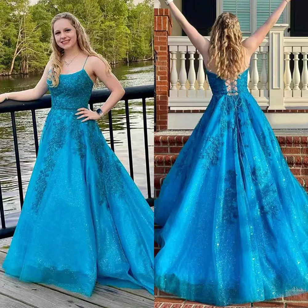

High Quality Customized Thin Suspenders Back Strap Sleeveless Appliques Blue Tulle Robe Pour Mariage Invité فستان احمر 원피스 שמלות