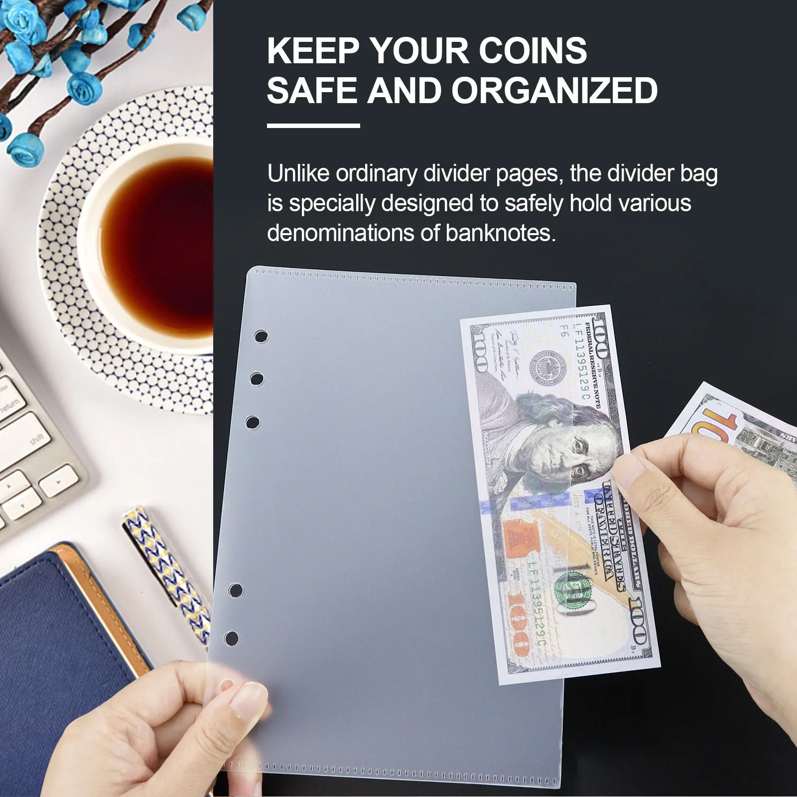 A5 5Pcs Loose Leaf Binder Cash Budget PP Storage Bag for 6 Ring Notebook Divider Page Waterproof PVC Filing Bag