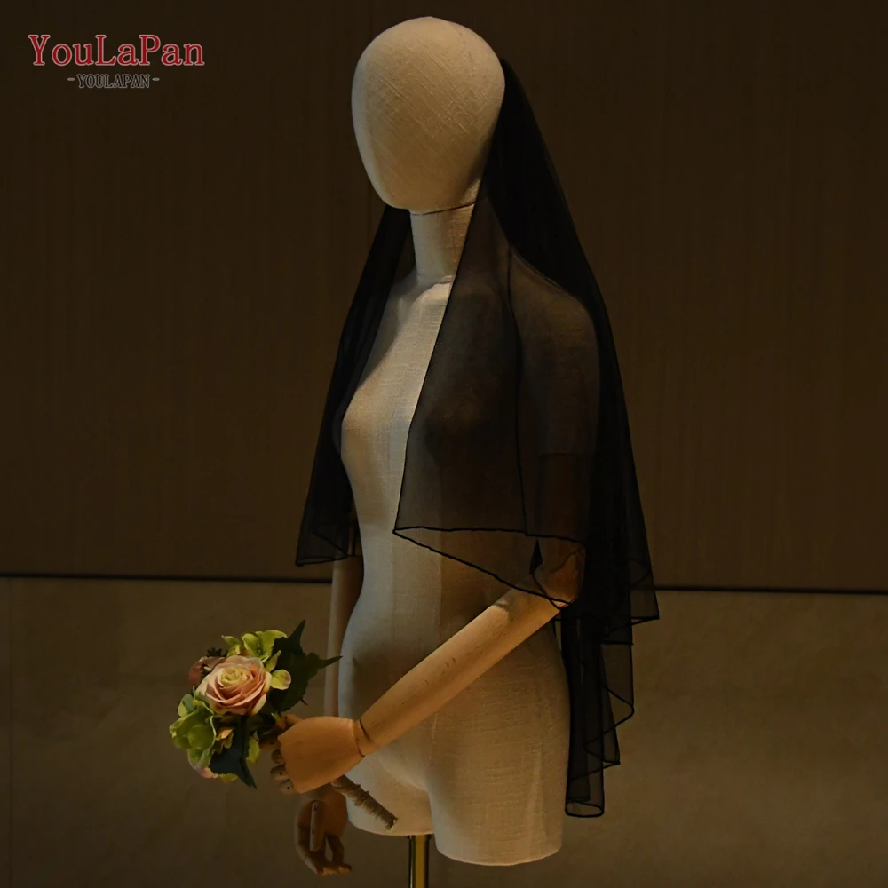 YouLaPan-Véu De Casamento De Duas Camadas, Soft Simple Veil, Short Bridal Black Veil, Decorações De Festa De Halloween, Popular, V15-B