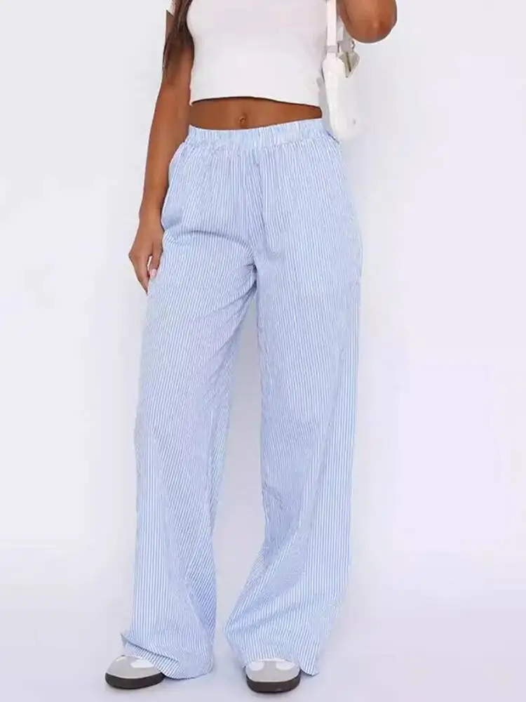 

Women S Pink Stripe Elastic Waist Straight Leg Pants With Pockets Casual Loose Fit Summer Y K Street Fashion Comfortable