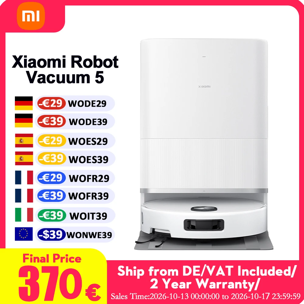 Global Version Xiaomi Robot Vacuum 5 EU ( X20+ Upgrade Version ) Smart Home Dirt Disposal Machine Vacuuming Mopping 20000Pa Suction Self-Cleaning High-Precision Obstacle Avoidance Home Appliance