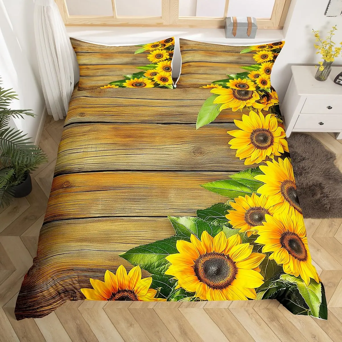 Sunflower Duvet Cover Set Yellow Floral Bedding Set Full King Size for Girls Women Modern Style Botanical Floral Comforter Cover