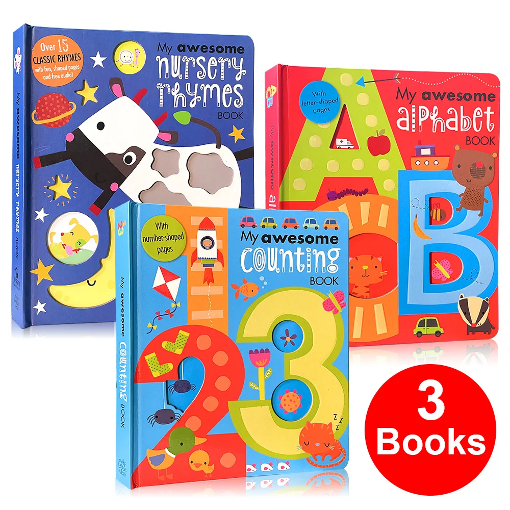 

3 My Awesome Books Set Counting 1-20 Alphabet Nursery Rhymes Kids Picture Board Book Early education Learning Toy Teaching Aids