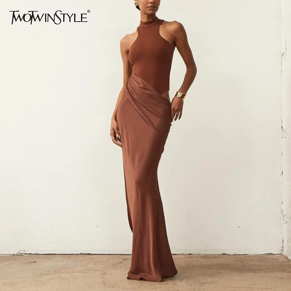 TWOTWINSTYLE Seksowne Sukienki Damskie z Wycięciami i Asymetrycznym Krojem, Wiązane na Szyi, Bez Rękawów, z Wysokim Stanem, Modne Długie Sukienki Klubowe