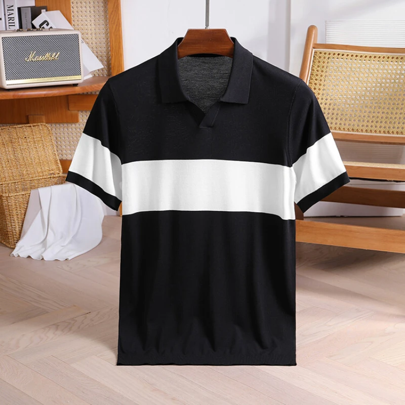 Men\'s Fashion Color-block Polo Shirt, Daily Business Casual Top, Striped Short-sleeve T-shirt 2024 New V-neck Knit Summer.3XL-M