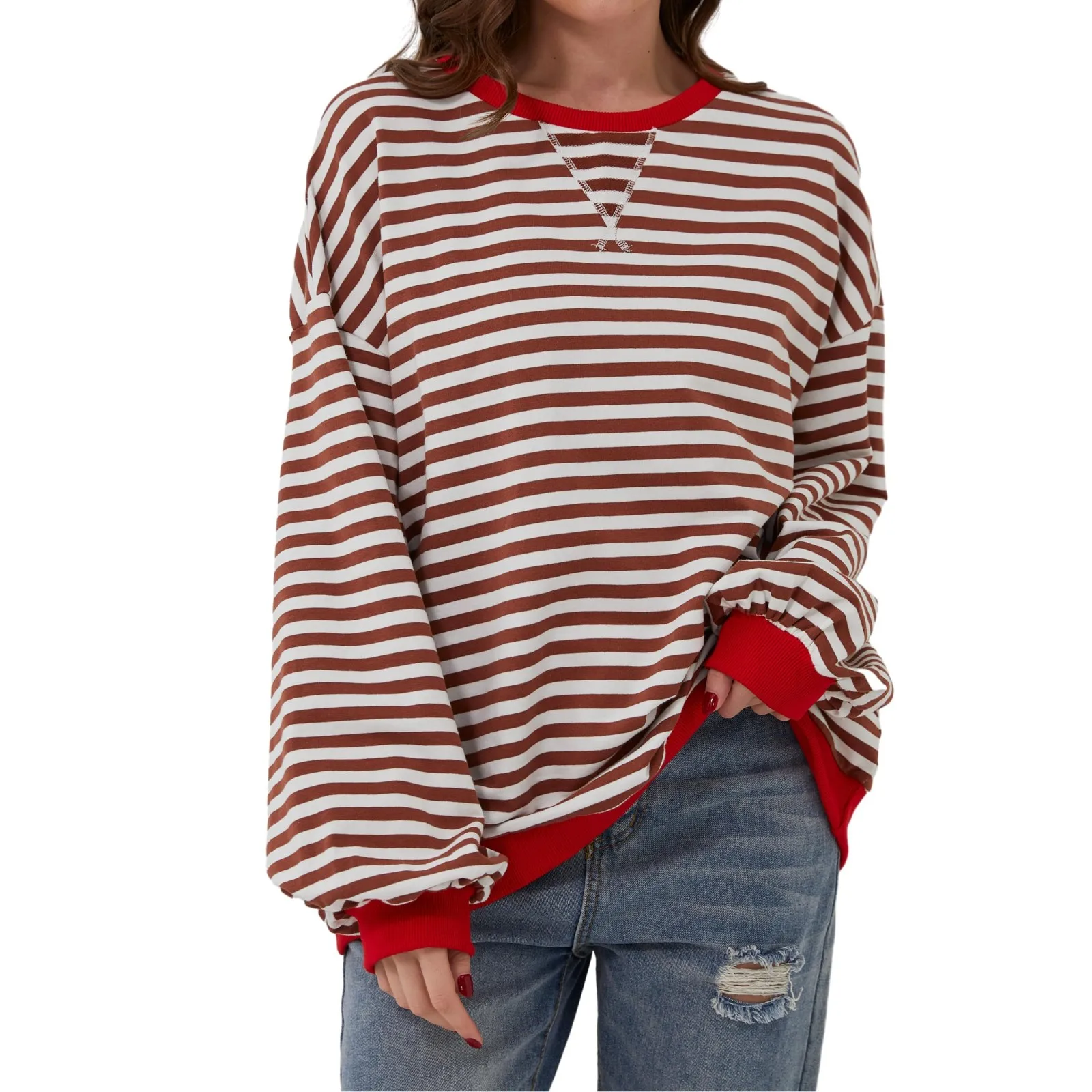 Women\'s Oversized Striped Color Blocking Long Sleeved Round Neck Sports Shirt Casual Loose Fitting Pullover Shirt Top