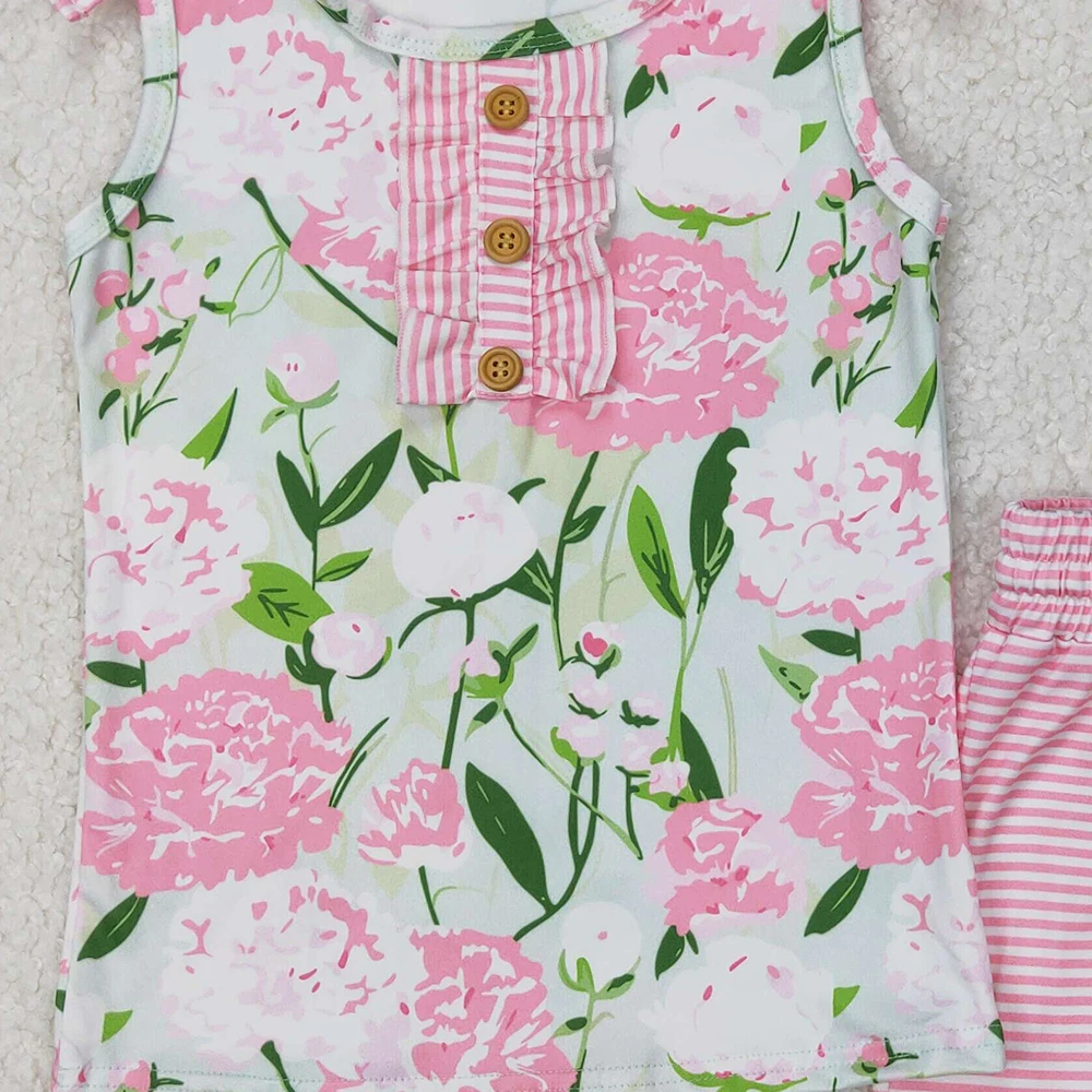GSSO2357 Baby Girls Pink Sleeveless Floral Button Top Stripe Shorts Set