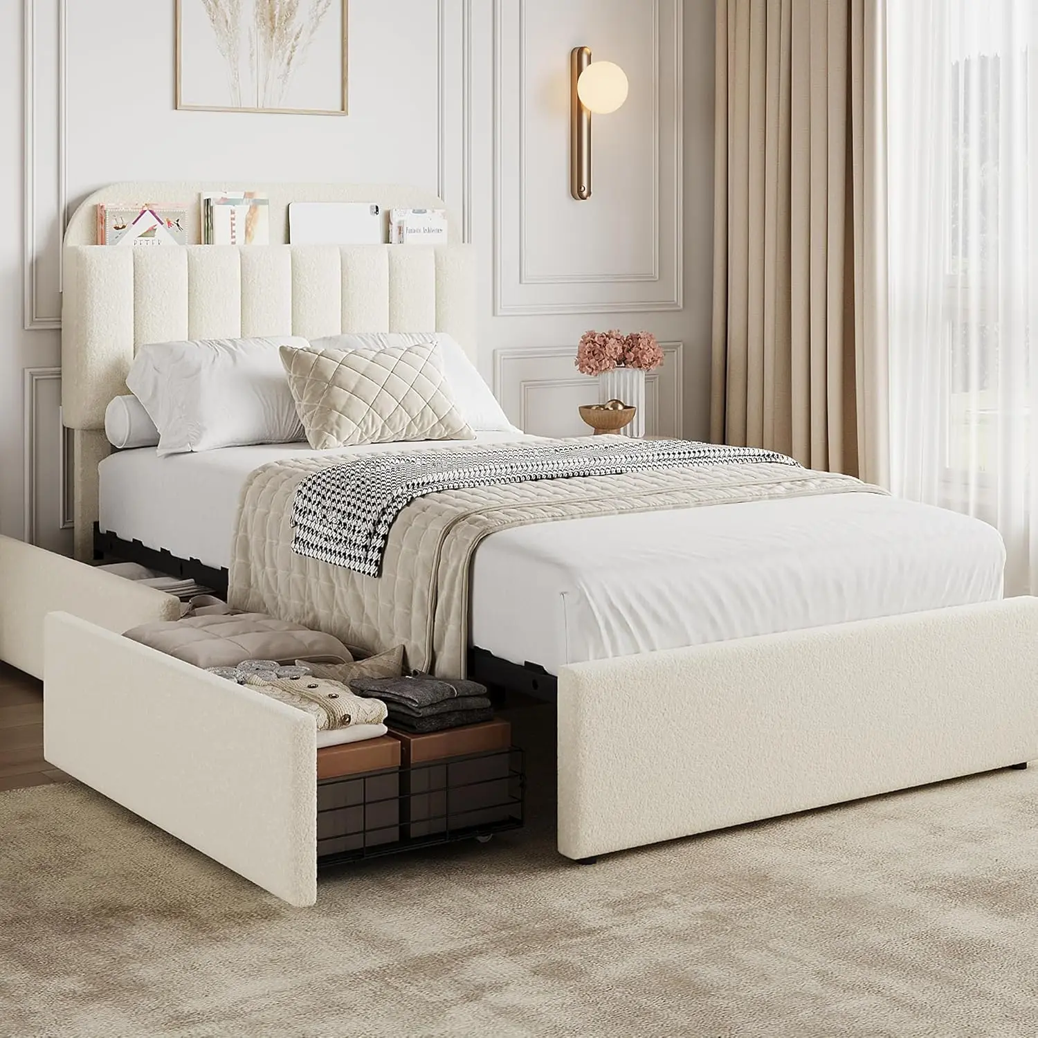 

Twin Bed Frame with Storage Headboard Kids Bed Frame with 2 Drawers Boucle Upholstered Platform Bed with Bookcase No Box