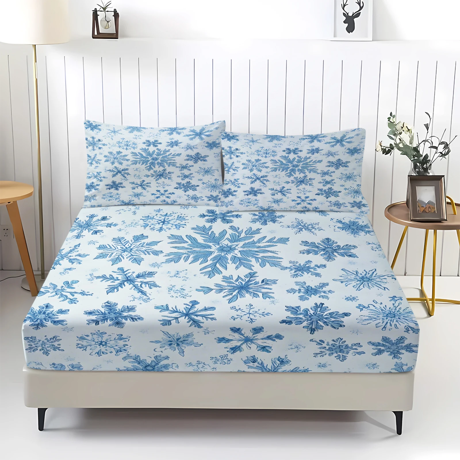 Vintage Blue Watercolor Snowflake Print Fitted Sheet Set Elastic Deep Pocket Mattress Cover Soft Breathable Polyester Bed Sheet