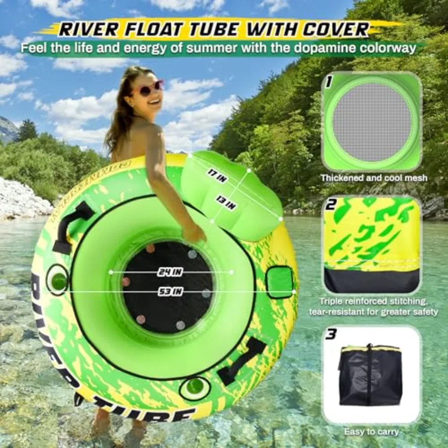 River Floating Tube For Lakes And Pools, Heavy Duty Vinyl, Blue, 53 Inch With Canvas Cover, Cup Holder, Headrest, 600 Lb Capaci