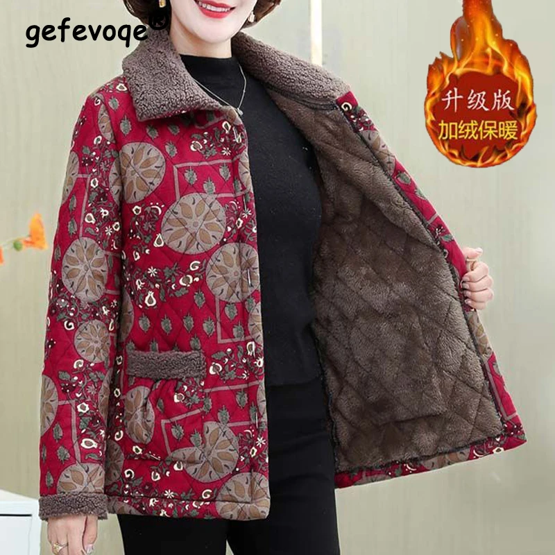 Jaket wanita paruh baya, pakaian wanita paruh baya, jaket katun kancing longgar, mantel hangat kasual lengan panjang bermotif mode musim dingin