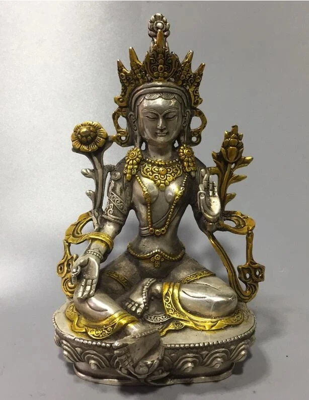 

China collection archaize white copper Gold plated Green tara Buddha statue