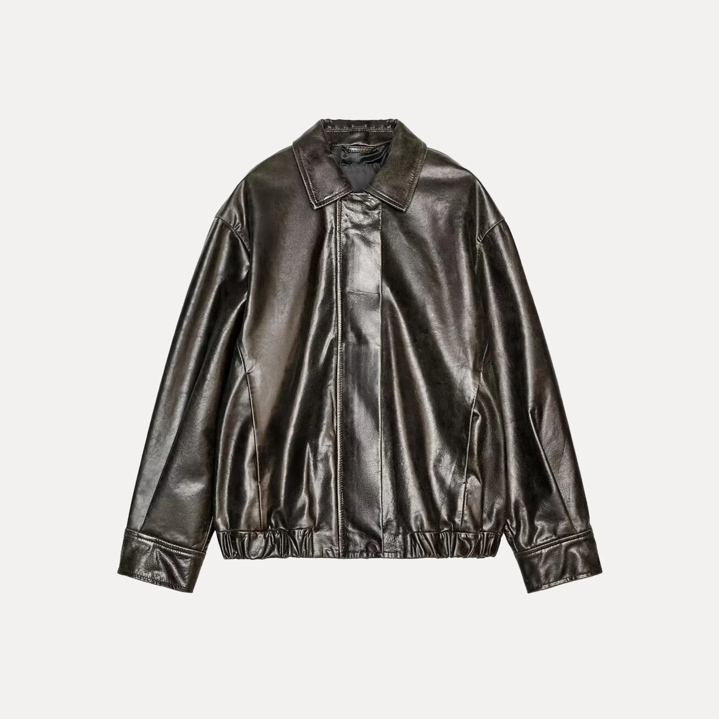 Ele Women's Leather Jaet Commute Sle Loose Fit Long Sve Zipper Closure  Collar Faionable Autumn New Arrival