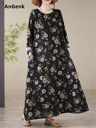 Cotton Vintage Print Long Sleeve Dresses For Women Spring Autumn Casual Loose Dress Office Lady Work Femme Robe Vestidos Clothes