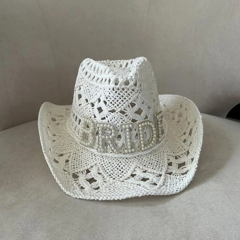 Fashion Rhinestone Letters Bride Wifey Cowboy Hat Hollow Breathable Western Cowboy Hat Crochet Sun Hat For Wedding Bridal Party