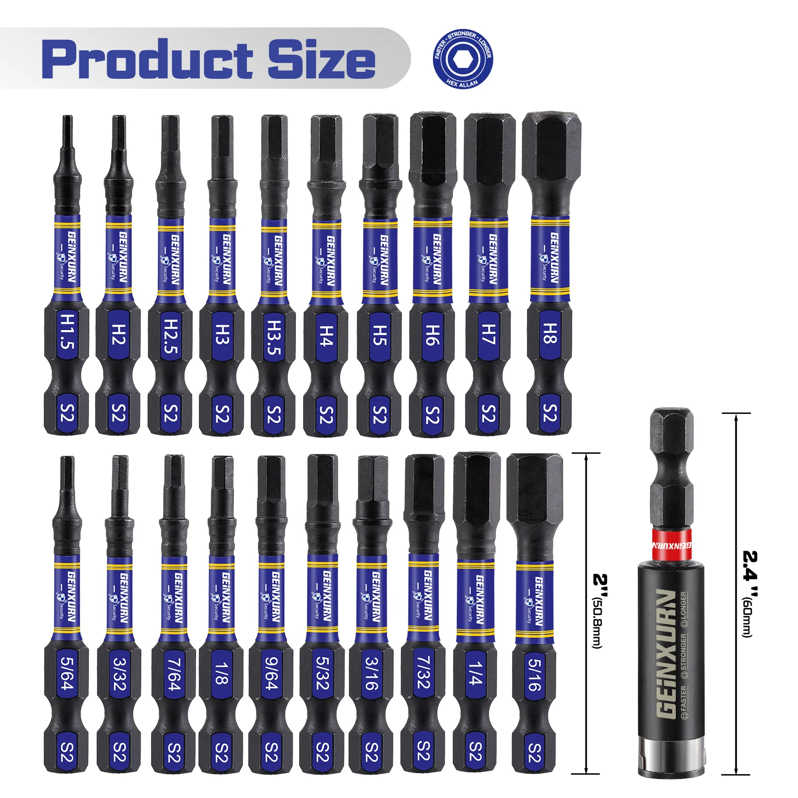 Geinxurn Impact HEX Screwdriver Bits Set, 2” Magnetic(1.5-8) S2 Steel Driver Bits and Bit Holder with Soft Hanging Strips