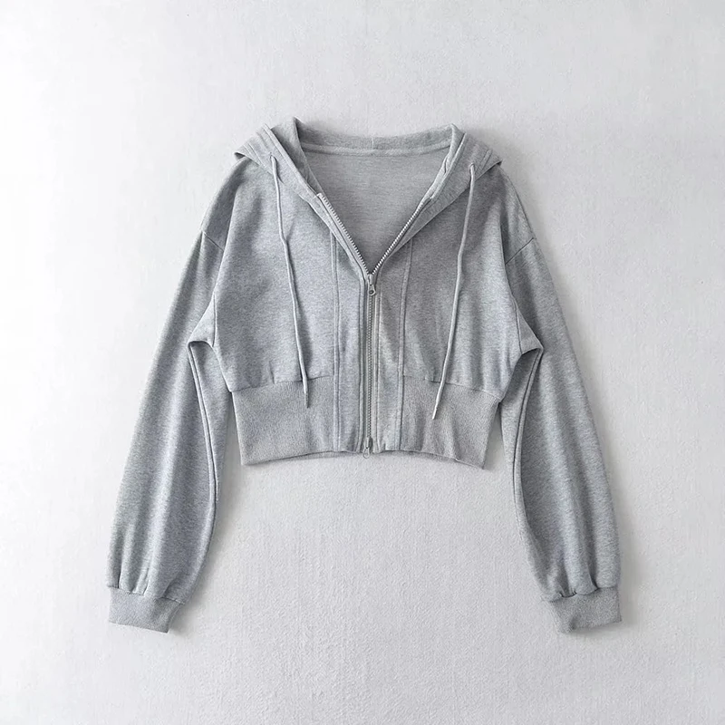 Women Cropped Hoodie Two Way Zipper Jacket Drawstring Hem Sweatshirt Slim Fit Long Sleeve Grey Athletic Yoga Gym Running Top