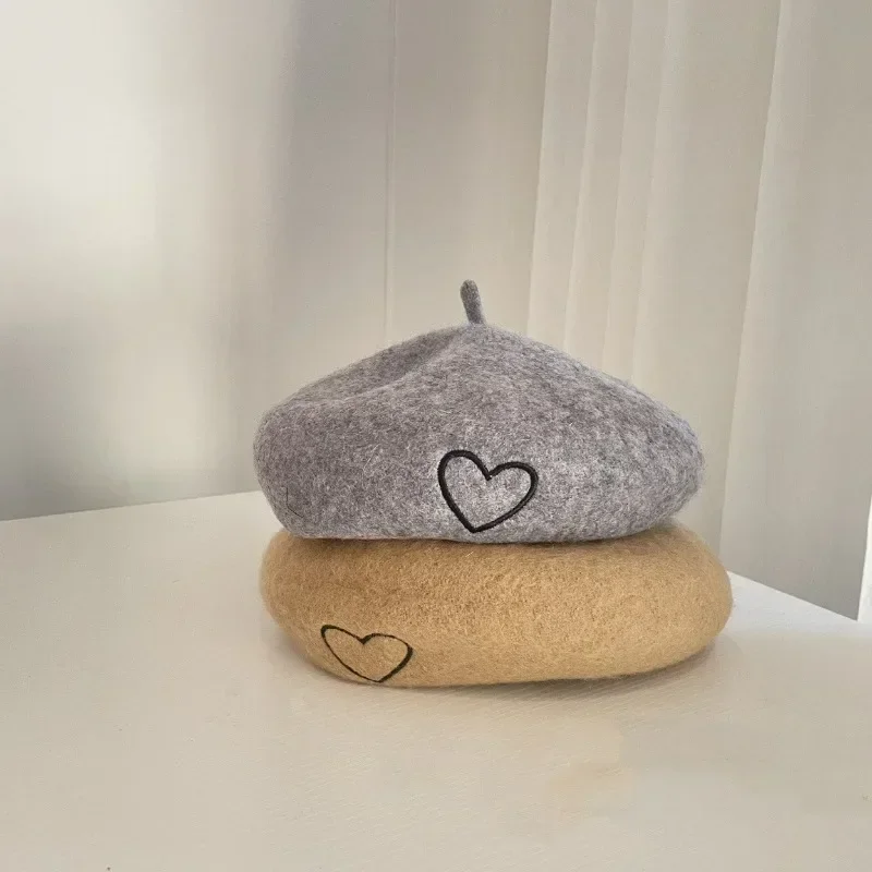 Fashion Kids Hat Baby Accessories Baby Girls Cute Embroidered Heart Wool Beret Toddler Kawaii Beanie Children Hat for Girls 3-8y