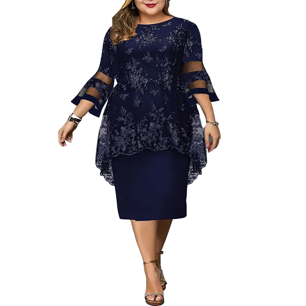 Plus Size Women Clothing Party Dresses Autumn/Winter Lace Casual Knee-Length Flare Sleeve Three Quarter A-LINE