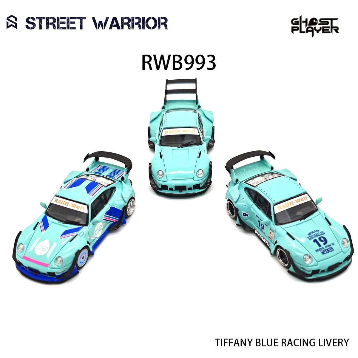 在庫あり-ストリートウォーリアー-1-64-911-rwb-993-ライトブルー、3つのユニークなカラーリングバリエーション、象徴的なワイドボディデザインのダイキャストカーモデル