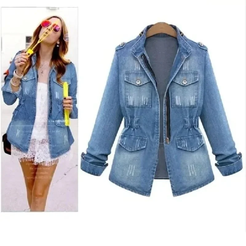 

Ripped Stand Collar Slim Fit Women's Denim Jaet Cleanfit Sle Long Sve Winter Outerwear for Ladies