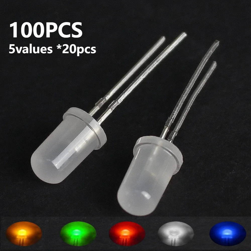 100pcs F5 5mm Fog Diffused LED Diode Assortment Kit Light Emitting Diodes White Red Yellow Blue Green DIY Electronic Set