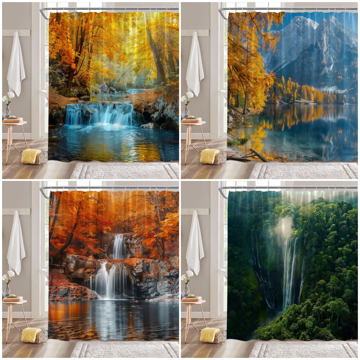 Forest Scenery Shower Curtains Waterfall Green Natura Landscape Red Leaves Maples Autumn Bathroom Decor Polyester Bath Curtain