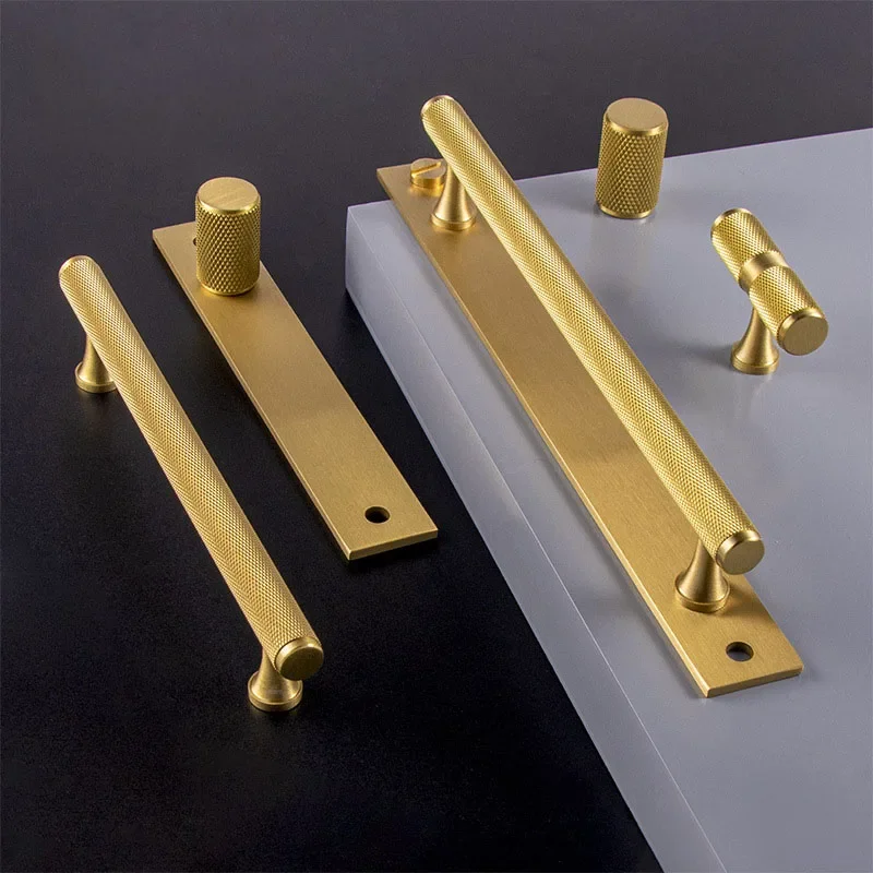 Brass Knurled Cabinet Handles Wardrobe Bar Pull with Baseplate Textured Furniture Door Handle with Baseboard Drawer Knobs