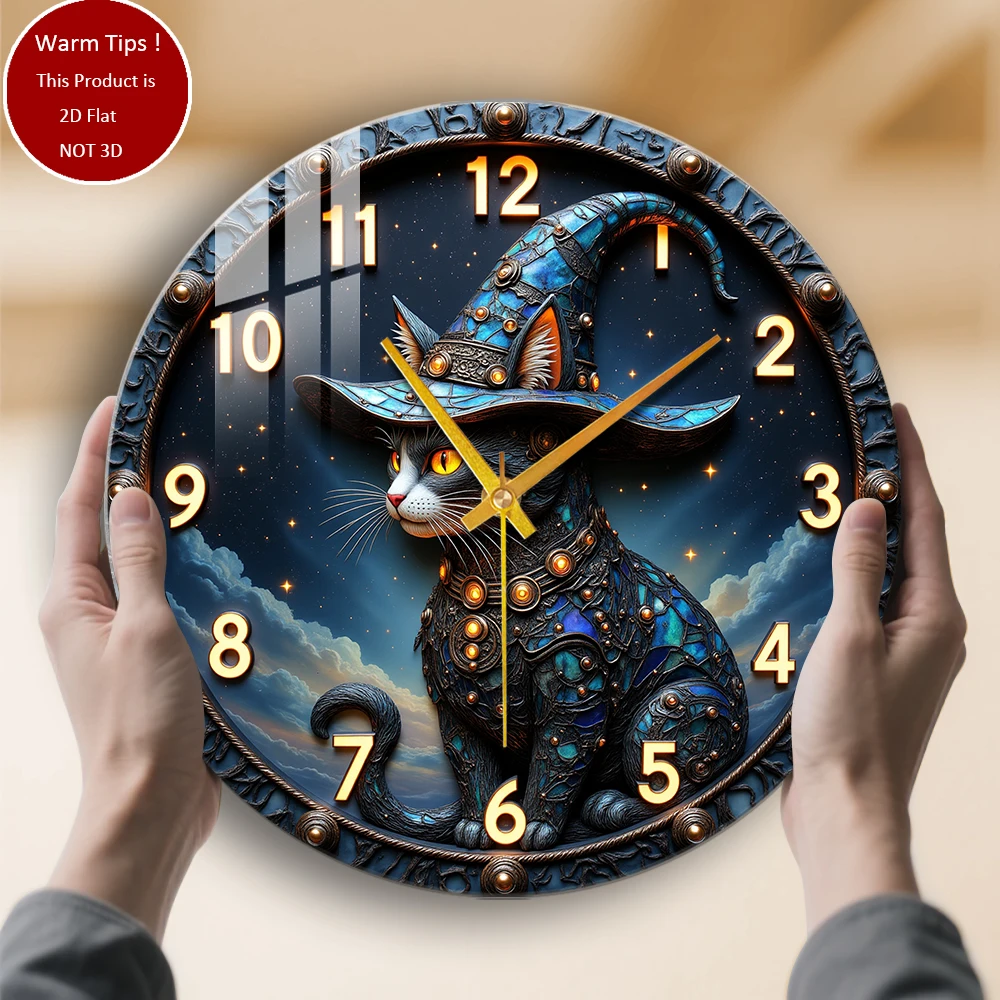 

Настенные часы из закаленного стекла, часы «Ведьма-кошка», подходящие для настенного декора или настольного дисплея в любом месте