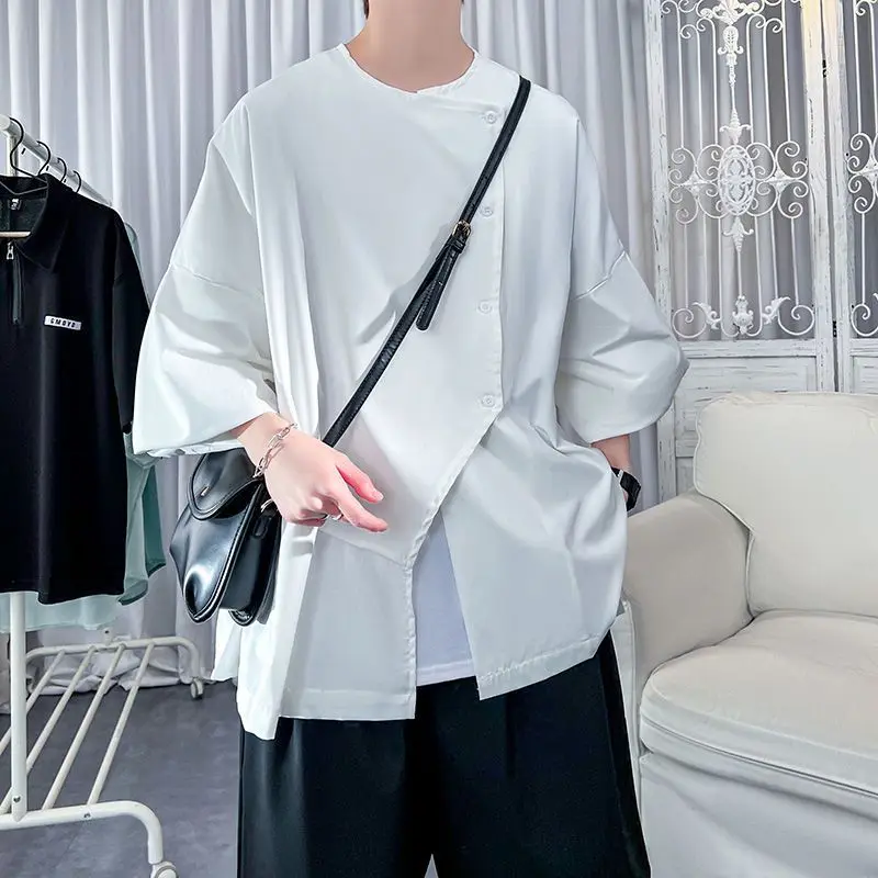 Irregular Shirt Men\'s Japanese Fashion Brand Men\'s Three-quarter Sleeve Shirt Thin Button Splicing Top