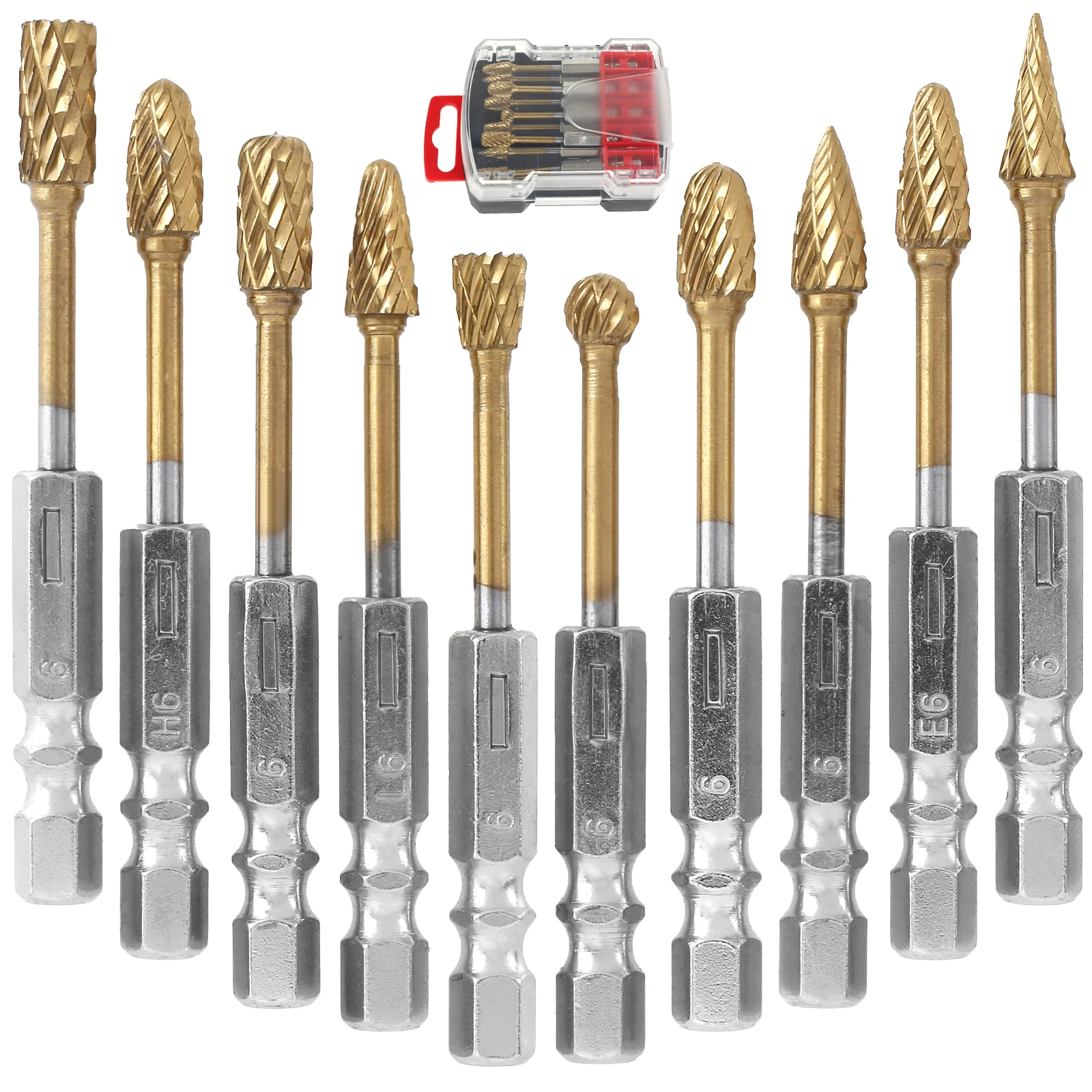 

10Pcs Tungsten Carbide Rotary Burr Set 1/4Inch Hex Shank Double Cut Carving Burr Bits for metals jade stone wood Engraving Tool