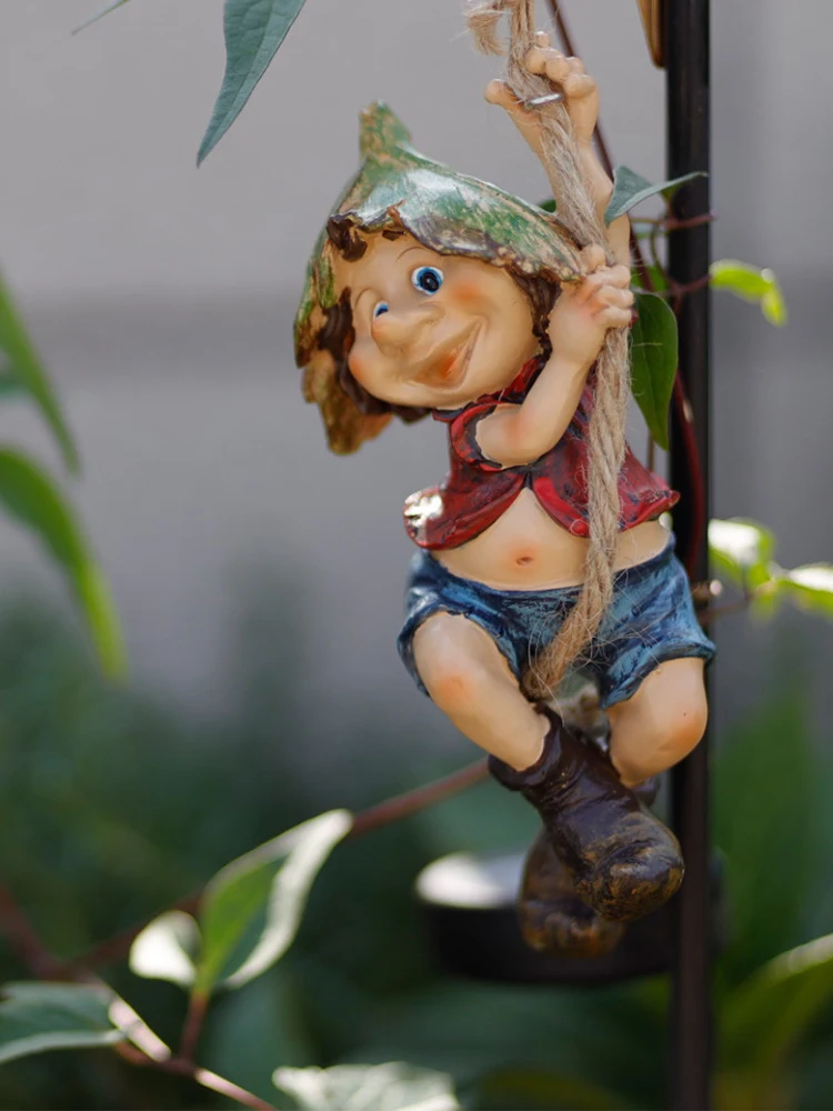 Pastoral Swing Elf Boy Girl Resin Ornament Balcony Garden Courtyard Outdoor Pendant Craft Landscape Layout Sculpture Decoration