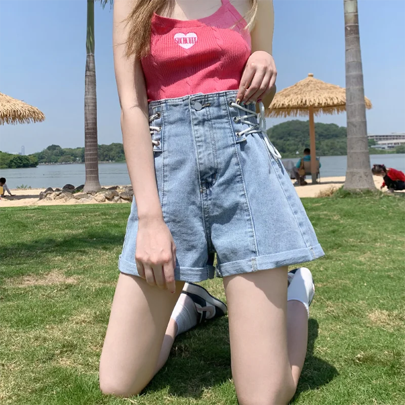 Roll Up Design Denim Shorts voor Vrouwen 2025, Koreaanse Side Lace Up Korte Broek Vrouw Zomer Mode Hoge Taille Jeans Shorts Mujer