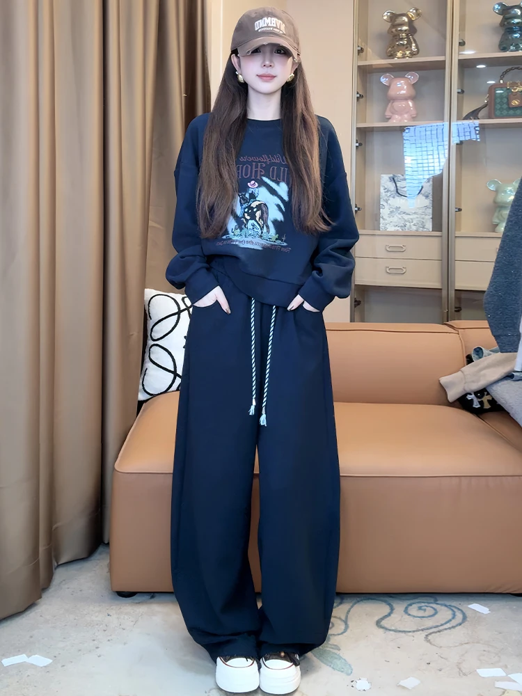 

Комплект для похудения: широкие брюки и худи, женский модный свободный крой, с принтом, осенняя коллекция, комплект из двух предметов