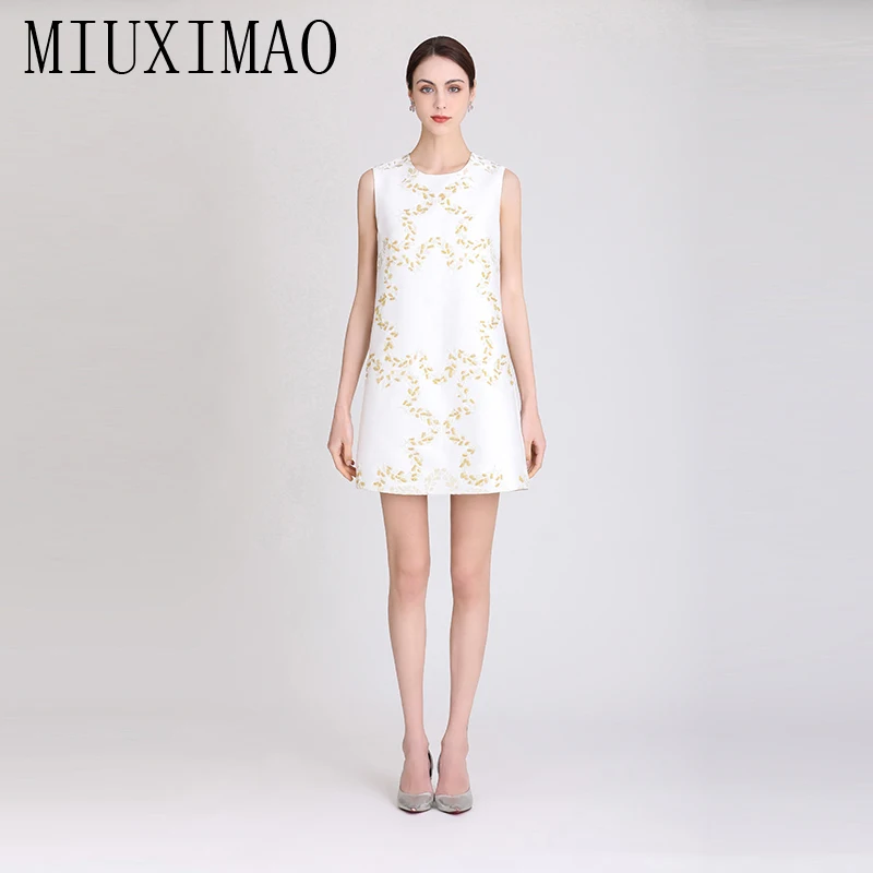 

MIUXIMAO 2023 High Quality Spring&Summer Elegant Dress Sleeveless O-Neck Spandex Print Beading Fashion Mini Dress Women Vestide