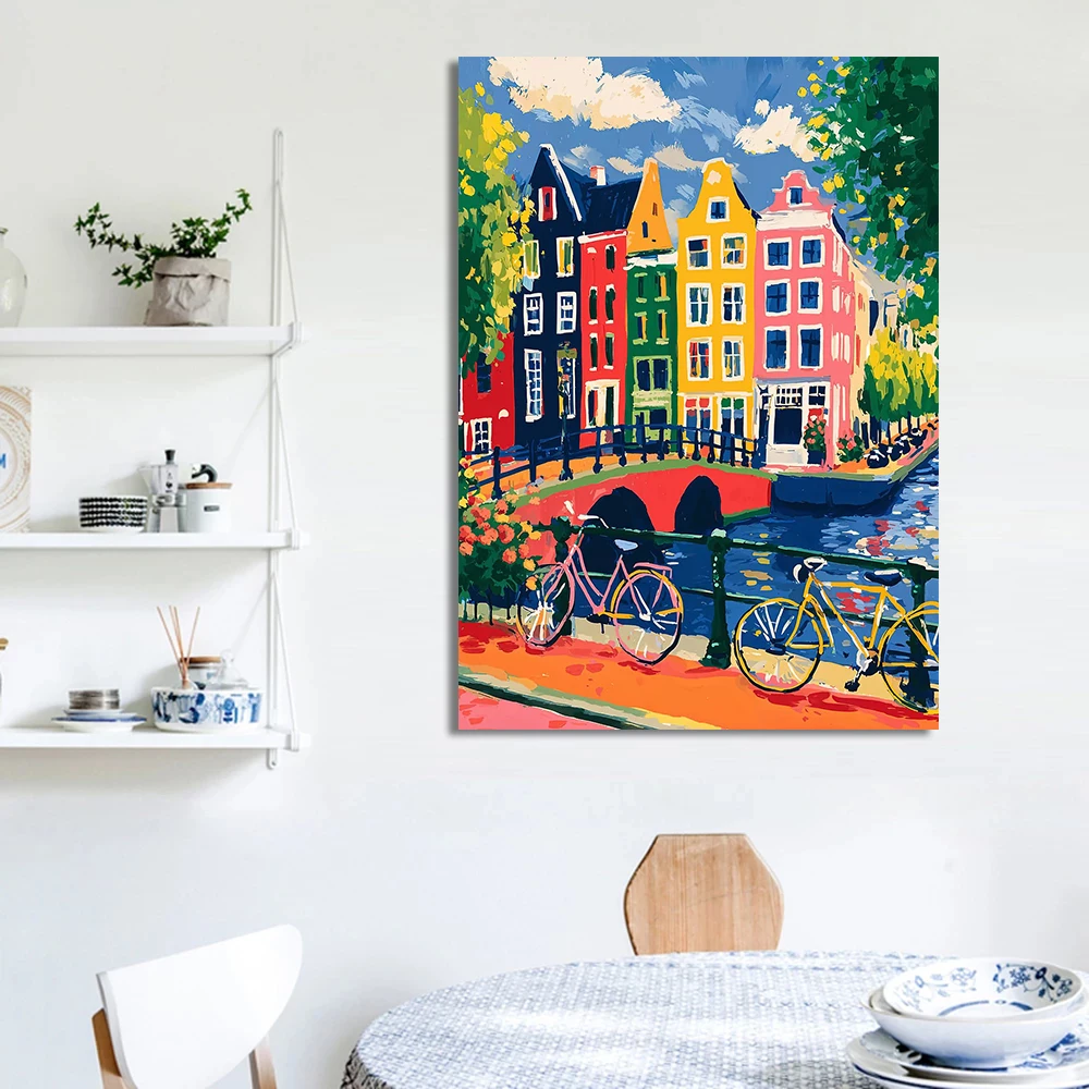1pc frameless Canvas Painting Prague Tokyo Cityscape Painting Colorful Lisbon Street with Tram Amsterdam Canal Scene Poster Canv