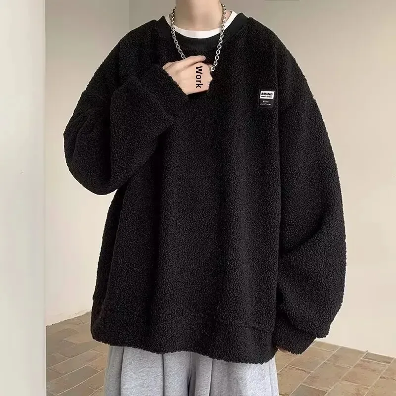 Teenage Lambswool Sweatshirt Boys Winter Crew Neck Fleece-Lined Top Casual Long Sleeve Loose-Fit Type Pullovers