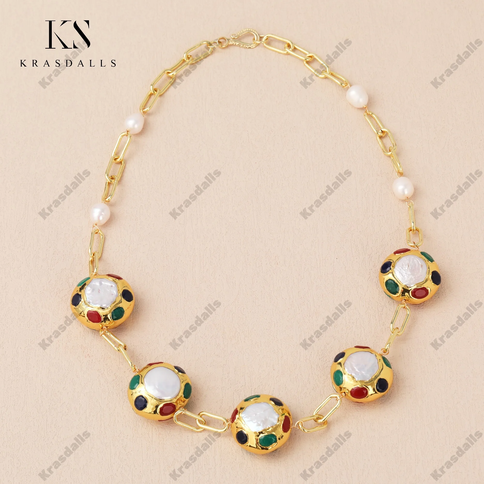 Rainbow Agate Natural White Pearl Chain Necklace Vintage Style Hand-Wrap with Gold Plating Pattern for Party or Gift