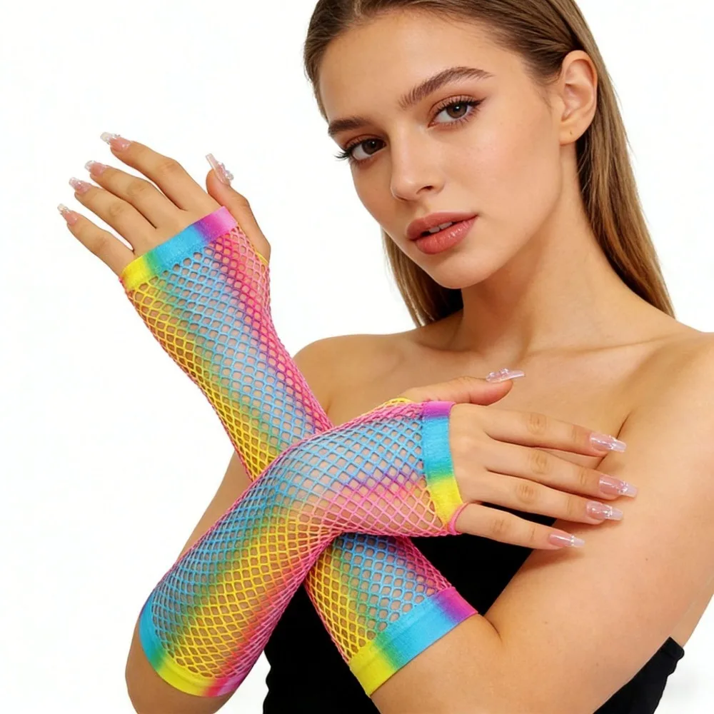 5 pairs Nylon Elbow Length Fishnet Fingerless Gloves Rainbow Color 9.06in Seamless Nylon Party Costume Gloves Gloves