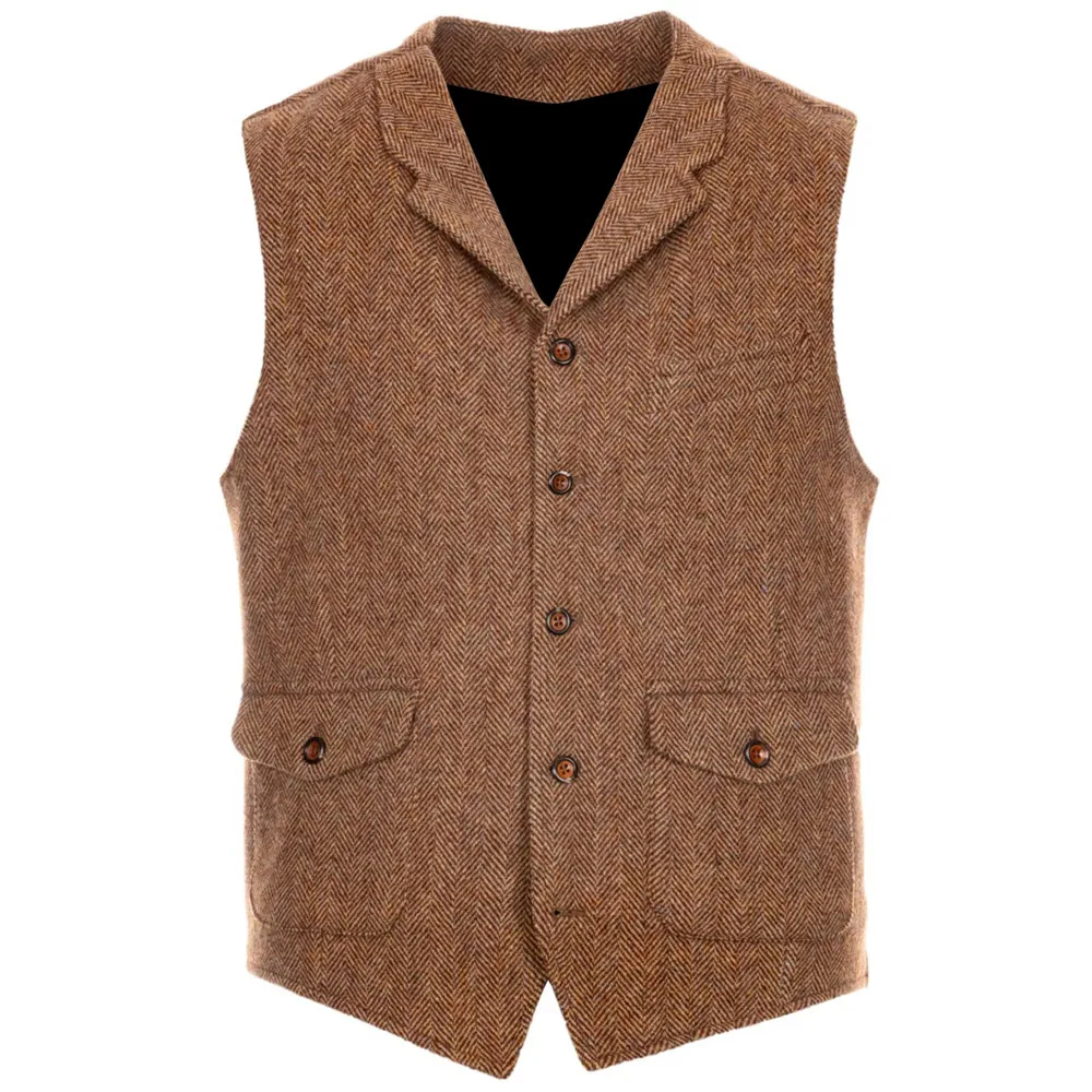 New Men's Herringbone Wasitcoat Single Breasted Lapel Neck Men's Suits Vest Tweed Men's Wedding Vests Real Pocket