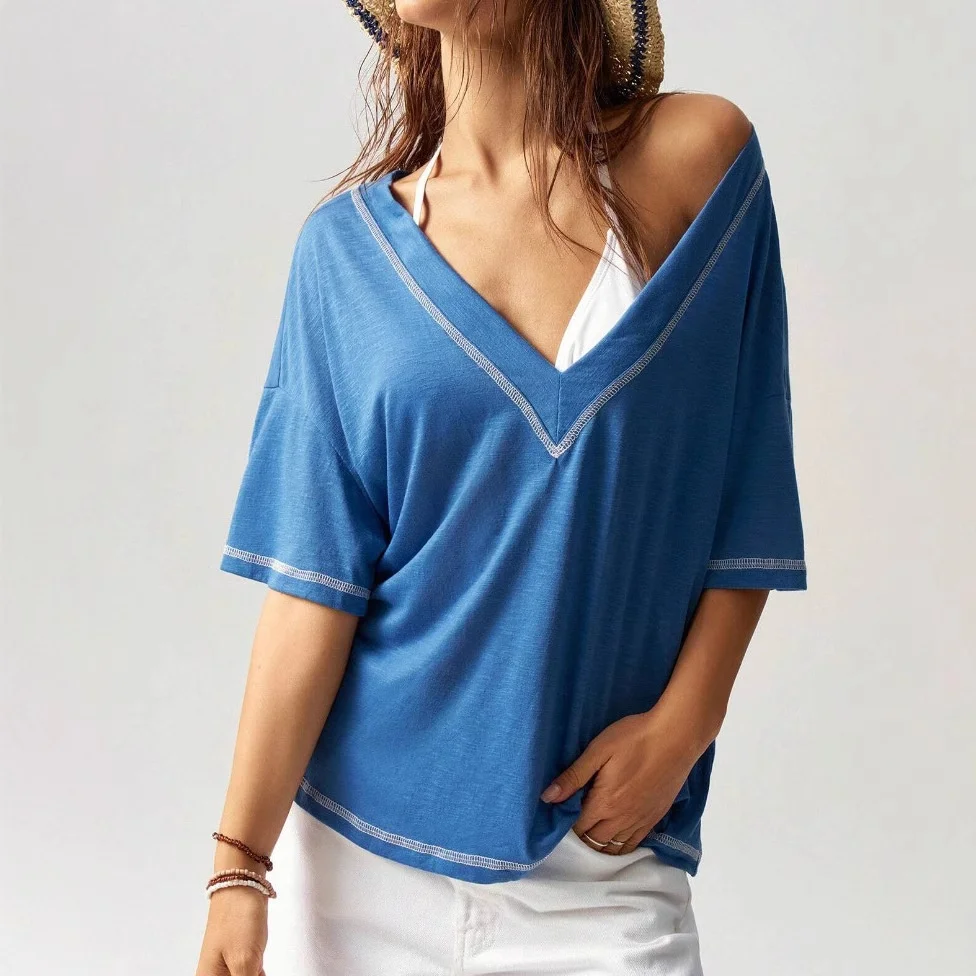 

Casual Loose Women's ort Sve T-irt Large V-Ne Stitching Modern Sle Polyester Fabric Thiened Summer Faion