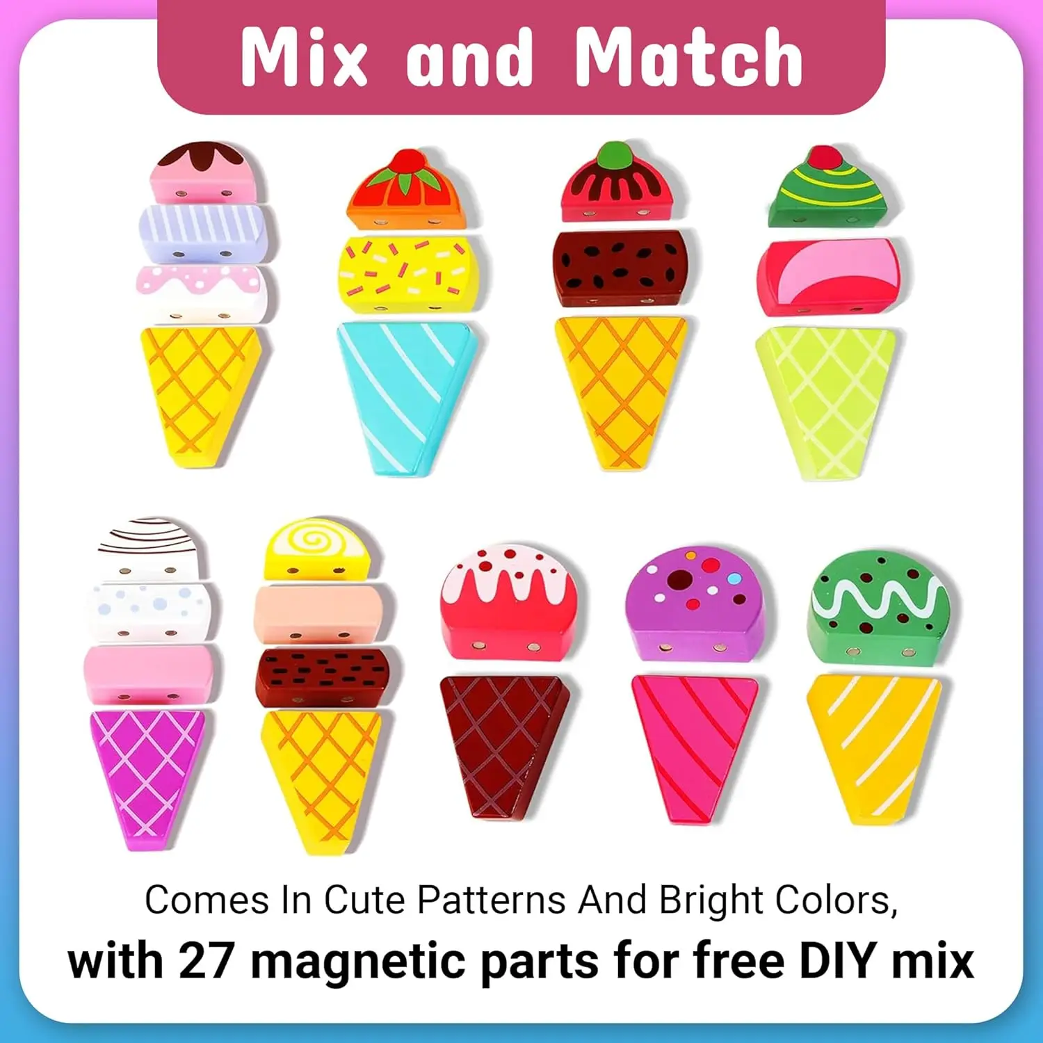 28 pièces friandises magnétiques pour crème glacée, jeu de simulation, camion de crème glacée en bois, nourriture et accessoires, jouets empilables de tri Montessori