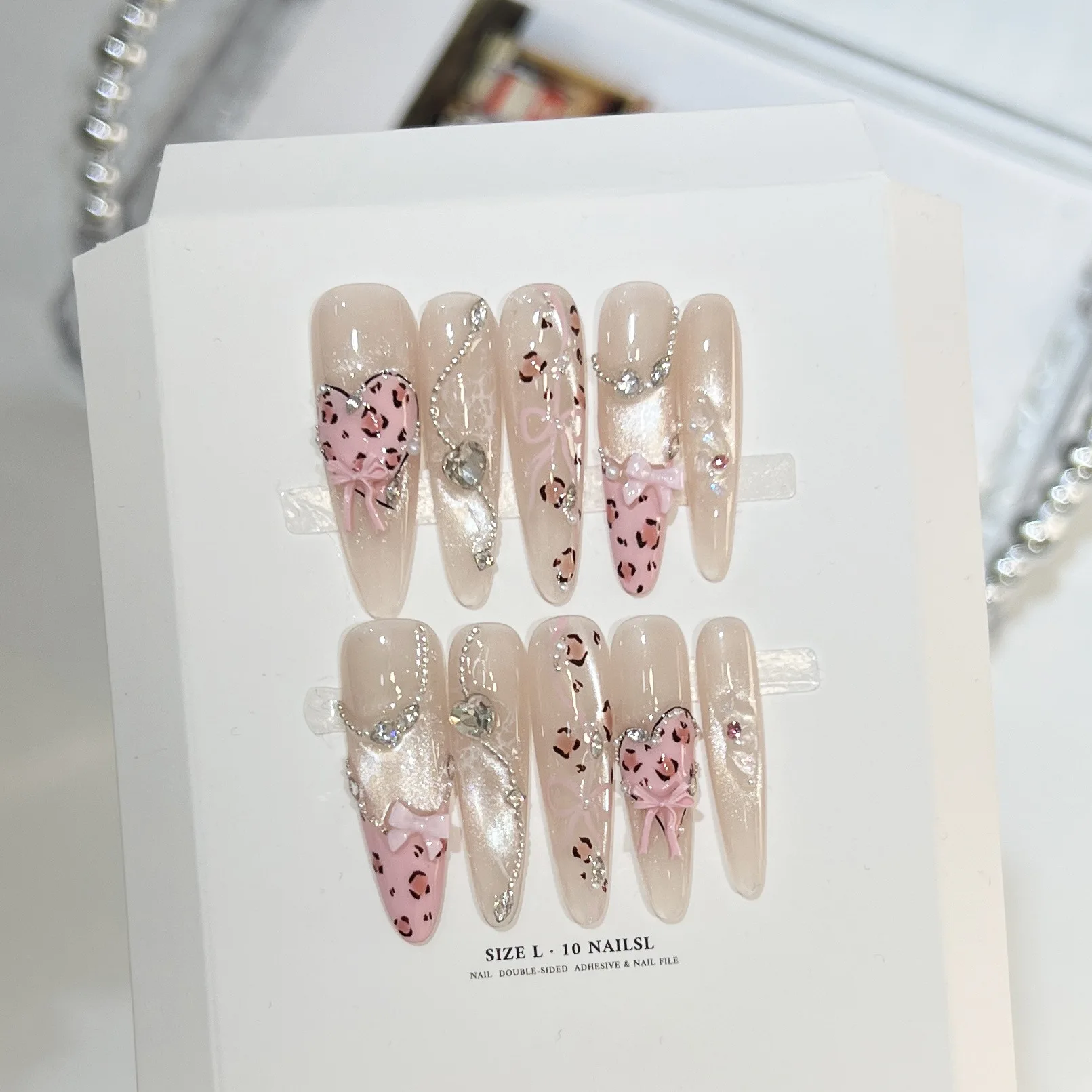 10pcs Handmade Long Stiletto Press On Nails Nude Cat Eye Pink Leopard Pattern French Bow Design Fake Nails Wearable Nails Girls