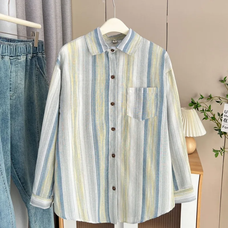 

Весенне-осенняя хлопковая рубашка с длинными рукавами в контрастную полоску, шикарный универсальный топ для женщин
